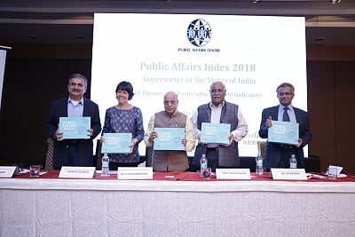 K Kasturirangan (centre) Chairman of Public Affairs Centre, Bengaluru, unveiling Public Affairs Index 2018 in Bengaluru.