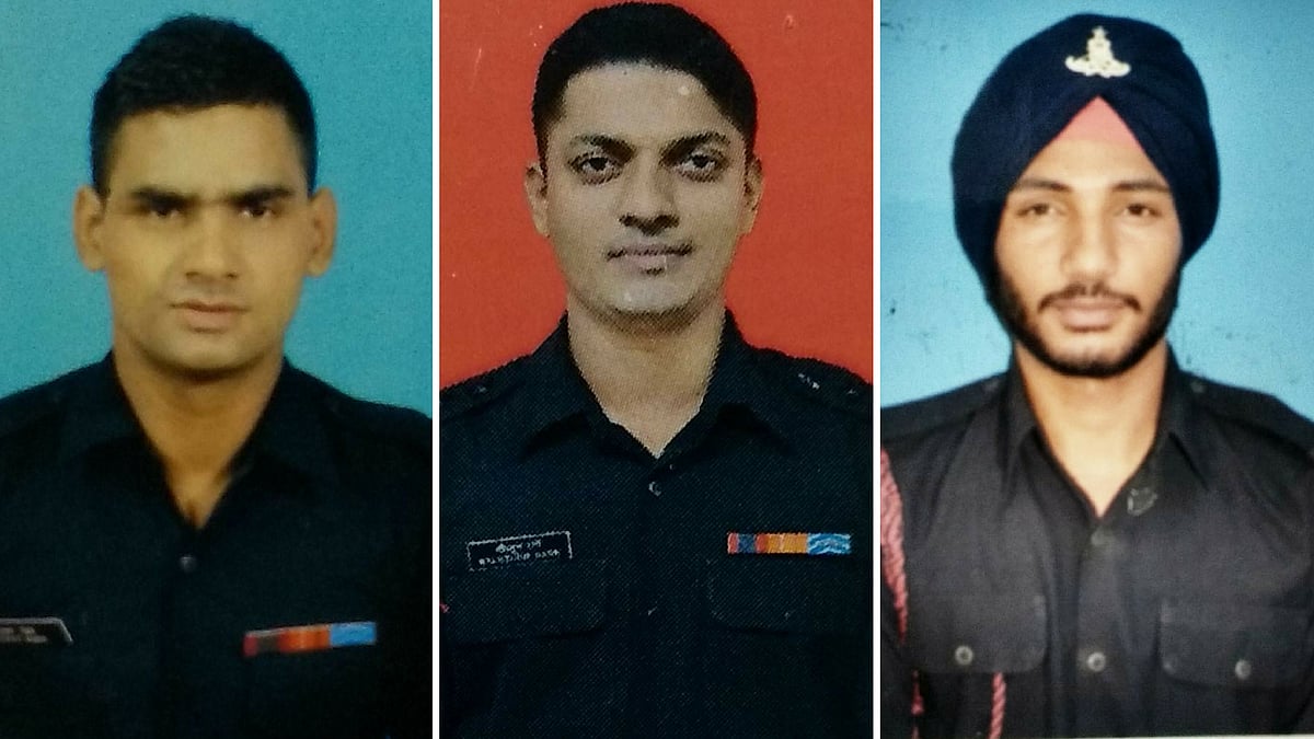 Major Kaustubh Prakash Kumar Rane (centre), Rifleman Hameer Singh (left) and Gunner Vikram Jeet Singh (right) were killed in north Kashmir’s Gurez.