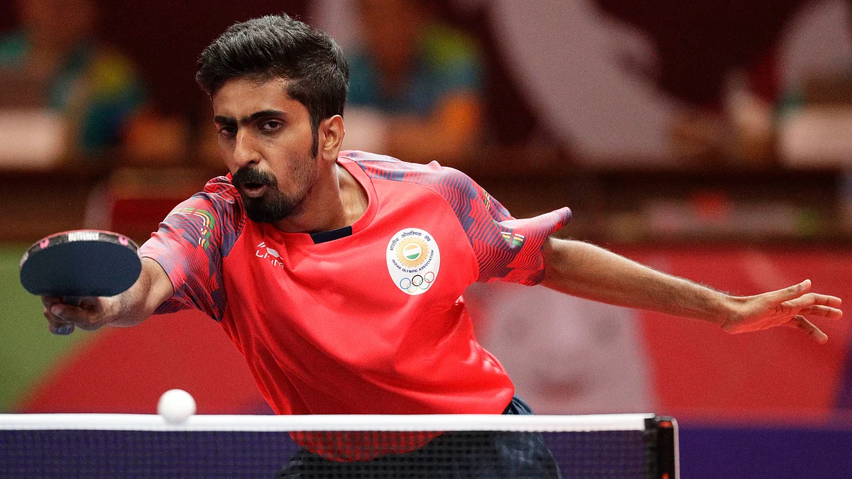 India’s Sathiyan Gnanasekaran during their semi-final match against South Korea at the men’s team table tennis.&nbsp;
