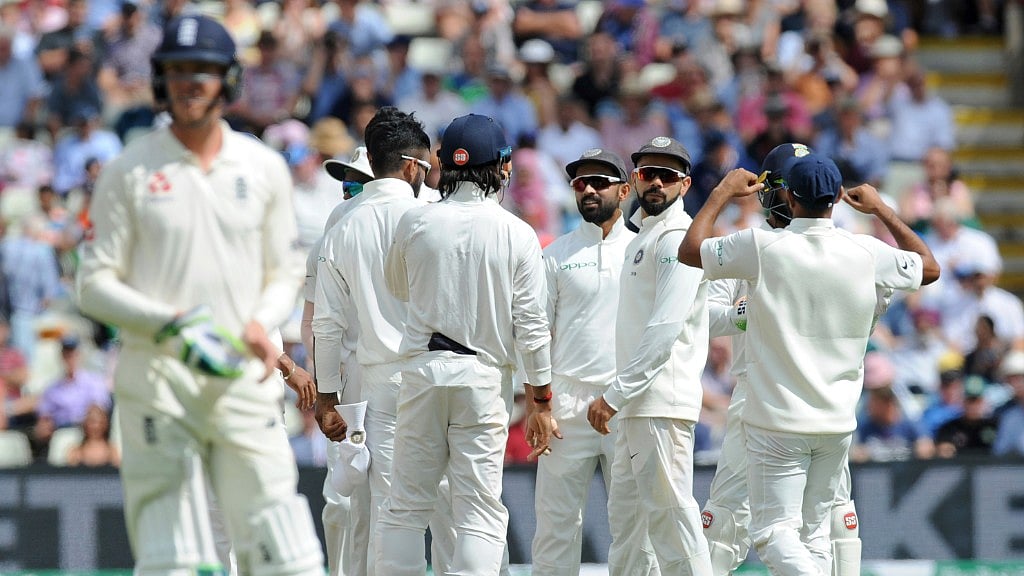 India need another 84 runs to win the first Test against England at Edgbaston.