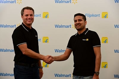 Bengaluru: Walmart CEO Doug McMillon and Flipkart Co-Founder and CEO Binny Bansal during an programme to announce Walmart Inc.