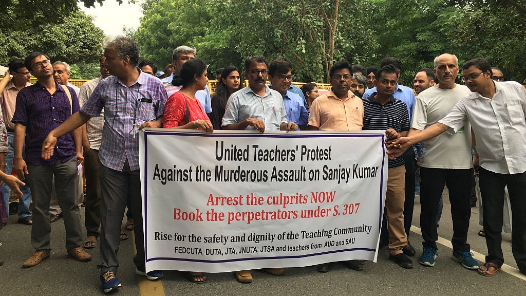 Protesters claimed assistant professor Sanjay Kumar, from Motihari, was attacked for being critical of the MGCU V-C.