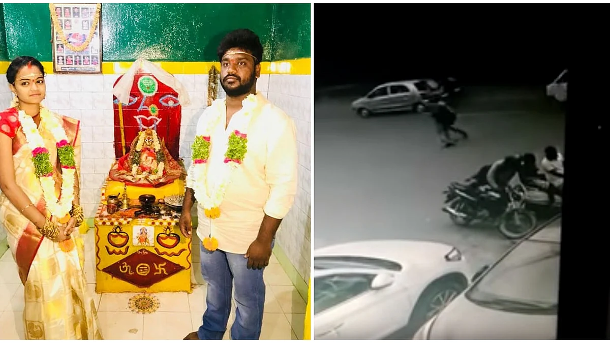 On the left, the couple who was attacked by a sickle. On the right, visuals from the CCTV footage.