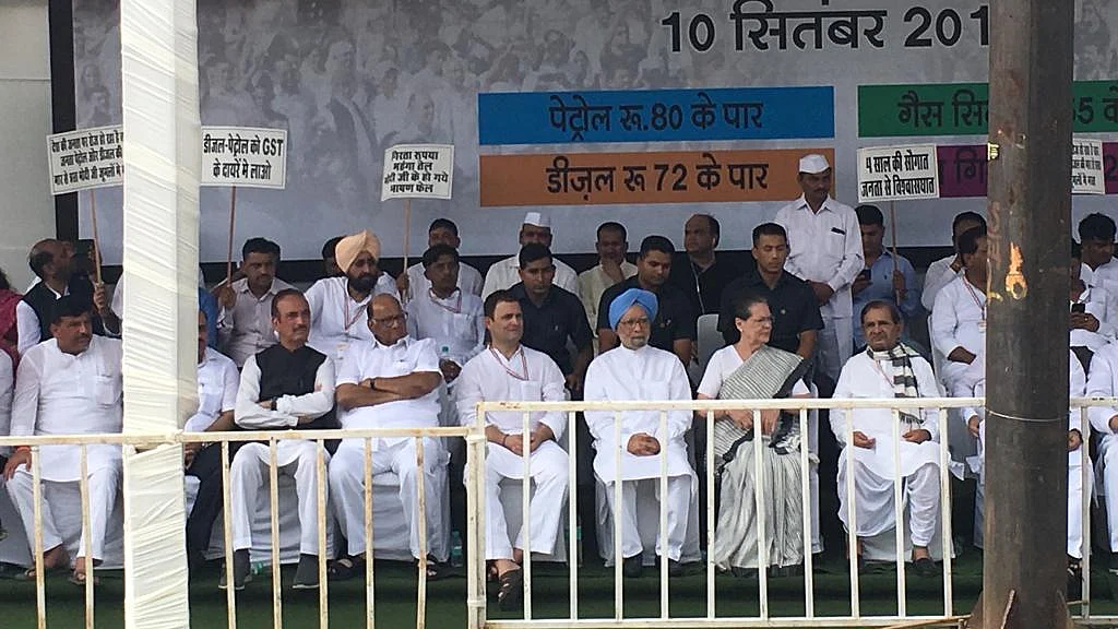 Congress President Rahul Gandhi leads the Opposition’s march against petrol price rise in Delhi.