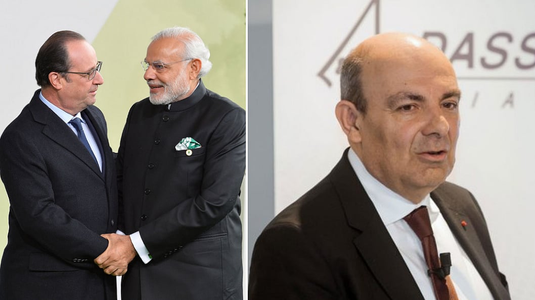 Prime Minister Narendra Modi with former French President Francois Hollande and Dassault Aviation’s Chairman Eric Trappier.&nbsp;