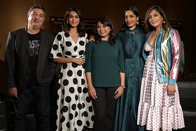 New Delhi: Director Tabrez Noorani with actors Mrunal Thakur, Freida Pinto and Richa Chadda during a promotional photoshoot for their upcoming film "Love Sonia", in New Delhi on Sept 13, 2018. (Photo: Amlan Paliwal/IANS)