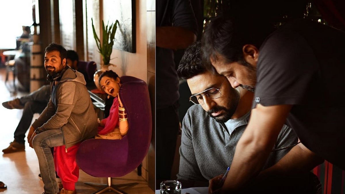 Anurag Kashyap with Taapsee Pannu and Abhishek Bachchan on the sets of <i>Manmarziyaan.</i>