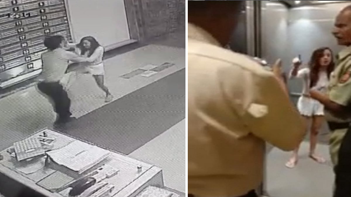 A screen grab of the CCTV footage (left) that caught the physical altercation between the model and the guard.  The model argues with police officials (right).