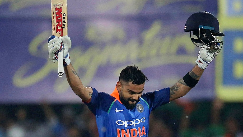 Virat Kohli after reaching his century against West Indies in the first ODI at Guwahati on Sunday.&nbsp;