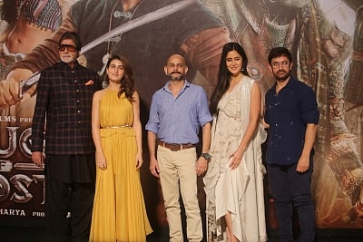 Mumbai: Actors Amitabh Bachchan, Aamir Khan, Fatima Sana Shaikh, Katrina Kaif and director Vijay Krishna Acharya at the trailer launch of their upcoming film "Thugs of Hindostan" in Mumbai on Sept 27, 2018. (Photo: IANS)