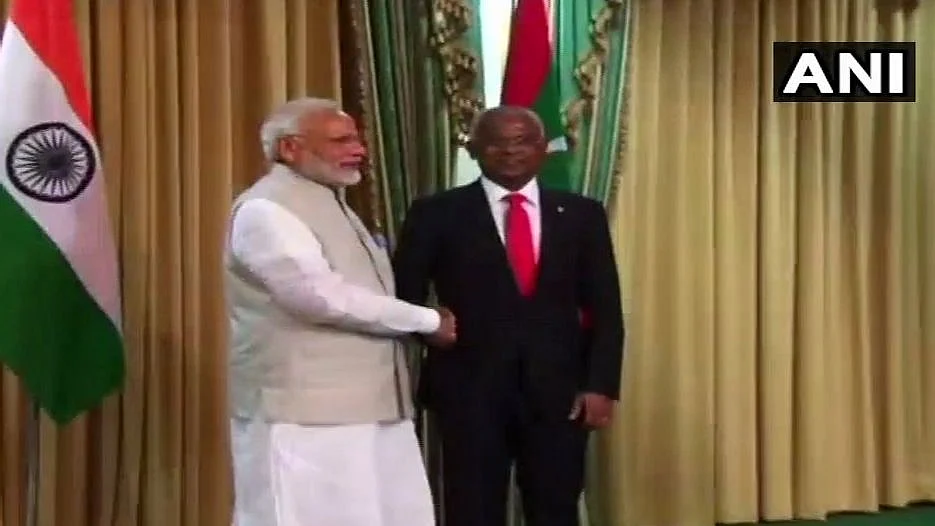 Prime Minister Narendra Modi meets Maldives President Ibrahim Mohamed Solih in Male.