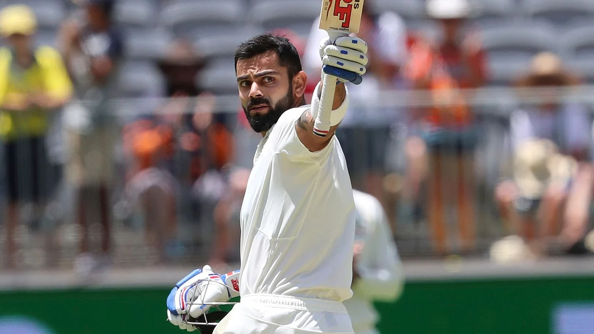 Indian skipper Virat Kohli celebrates his 25th Test century against Australia in Perth.