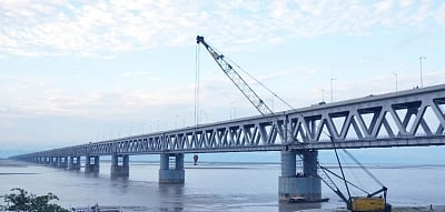 Dibrugarh: A view of the under construction Bogibeel Bridge in Assam