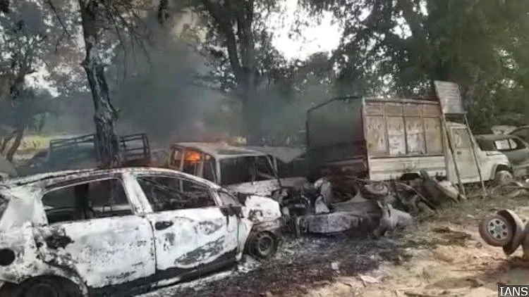  A view of damaged vehicles after violence erupted in UP’s Bulandshahr.&nbsp;