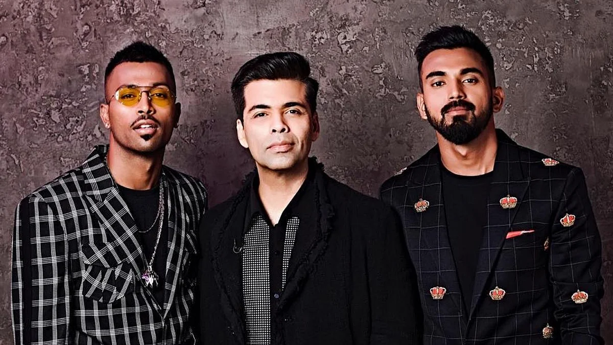 Hardik Pandya and KL Rahul with <i>Koffee With Karan</i> host Karan Johar.