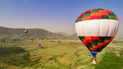 Hot air balloons flying over Araku valley.
