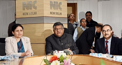 New Delhi: Union Minister for Electronics & Information Technology and Law & Justice Ravi Shankar Prasad addresses at the inauguration of the Command & Control Centre (CCC) and Centre of Excellence (CoE) for Artificial Intelligence, in New Delhi on Jan 10, 2019. Also seen Ministry of Electronics & Information Technology Secretary Ajay Prakash Sawhney. (Photo: IANS/PIB)