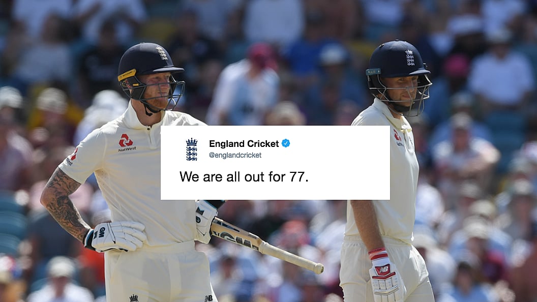 England Cricket Board’s tweet following the team getting all out on 77 against the Windies has seen some hilarious replies.