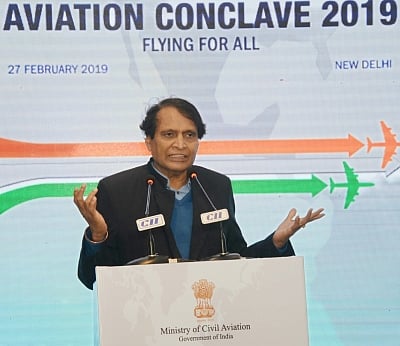 New Delhi: Union Commerce and Industry and Civil Aviation Minister Suresh Prabhu addresses at the Aviation Conclave 2019, in New Delhi, on Feb 27, 2019. (Photo: IANS/PIB)