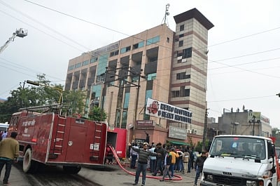 Noida: Firefighting operations underway at the Metro Hospital where a massive fire broke out, in Noida Sector 12 on Feb 7, 2019. According to sources, the fire broke out on the second floor of the hospital. Many patients are said to be trapped and efforts were underway to evacuate them. (Photo: IANS)