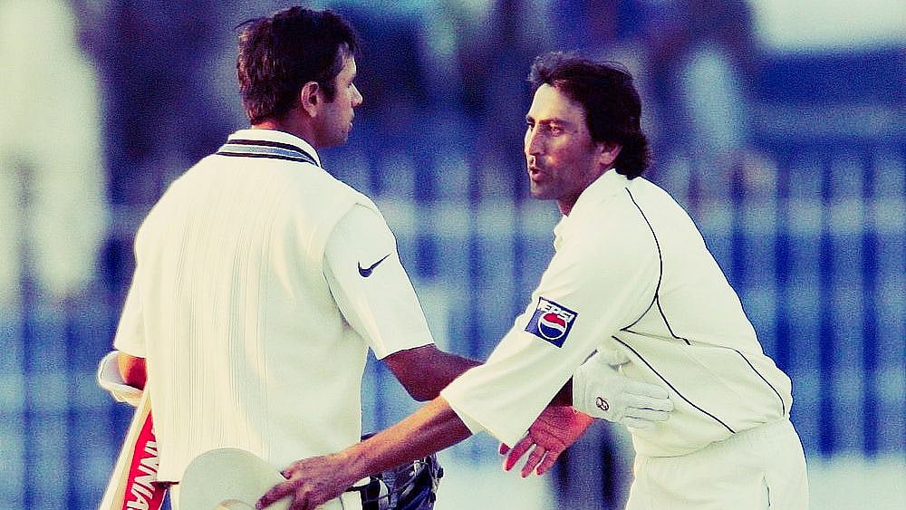 File photo of Rahul Dravid (left) and Younis Khan exchanging pleasantries during an India-Pakistan Test.