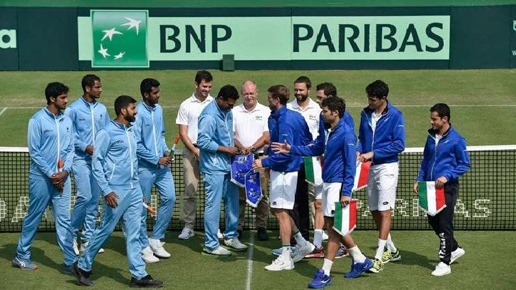 The Indian and Italian contingents greet each other ahead of their Davis Cup qualifier in Kolkata, which Italy won to go through to the Finals.