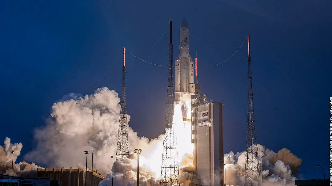 The Arianespace rocket with teh GSAT-31 satellite launches from French Guiana.
