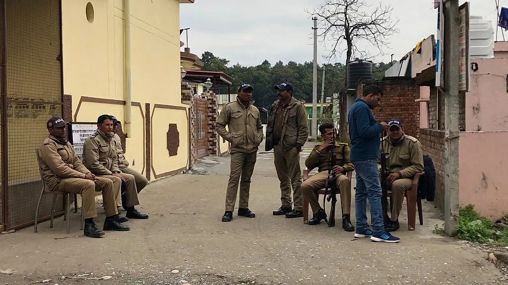 A police team outside the Girls Nest hostel in Dehradun’s Suddhowala area.&nbsp;