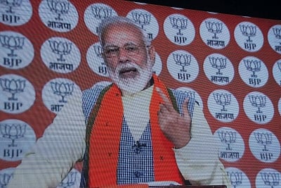 New Delhi: Prime Minister and BJP leader Narendra Modi addresses party workers via video conference, in New Delhi, on Feb 28, 2019. (Photo: IANS)