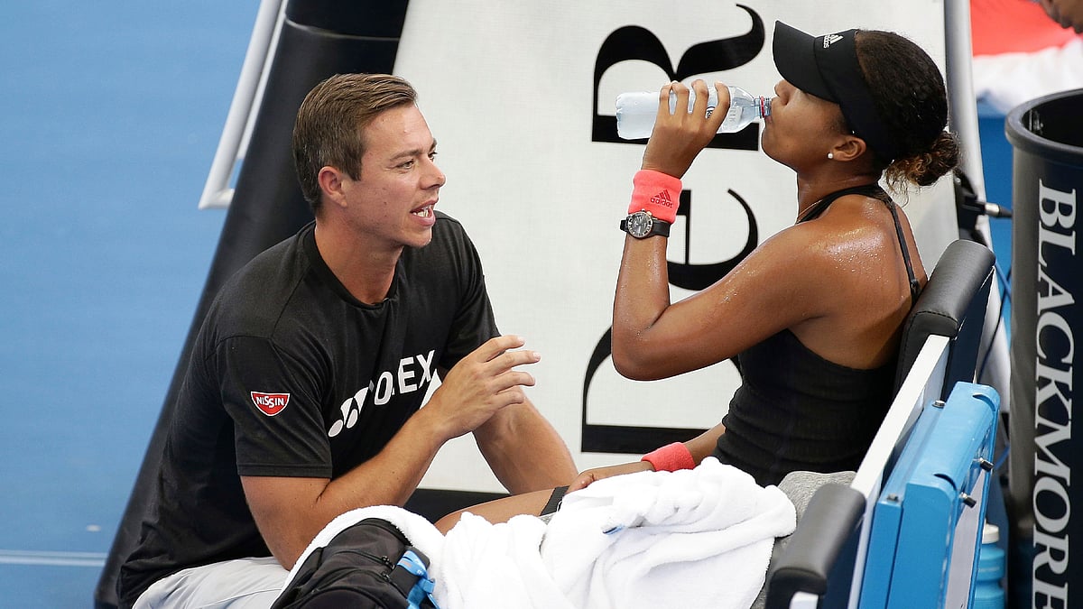 File picture of Naomi Osaka of Japan talking to her coach Sascha Bajin.