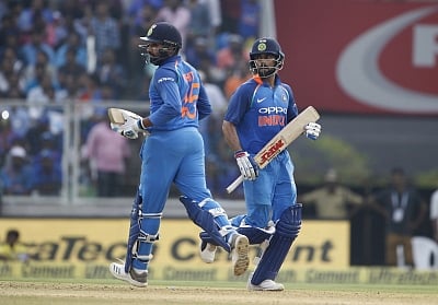 Thiruvananthapuram: Indian skipper Virat Kohli and Rohit Sharma during the fifth and final ODI match between India and West Indies in Thiruvananthapuram, on Nov. 1, 2018. (Photo: Surjeet Yadav/IANS)
