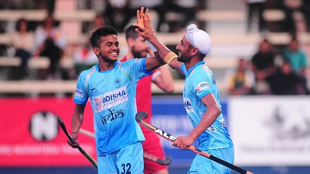 Mandeep Singh and Vivek Sagar Prasad celebrate a goal against Canada. (File Photo)