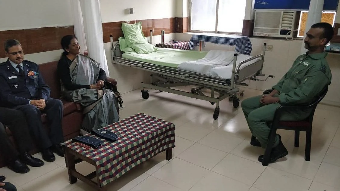 Defence Minister Nirmala Sitharaman meets  Wing Commander Abhinandan Varthaman a day after his return, on 2 March.&nbsp;