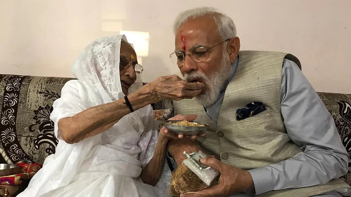Prime Minister Narendra Modi and his mother, Heeraben, exercised their right to vote in Gujarat on 23 April.