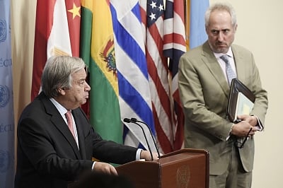 United Nations Secretary-General Antonio Guterres, left, with his Spokesperson Stephane Dujarric. (Photo: UN/IANS)