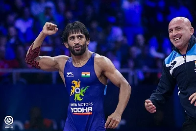 Indian wrestler Bajrang Punia during 2018 World Championship Semi Final Match in Budapest, Hungary on Oct 22, 2018. (Photo Courtesy: UWW)