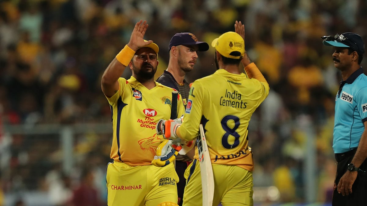 Suresh Raina and Ravindra Jadeja celebrate after winning the match against KKR on Sunday.