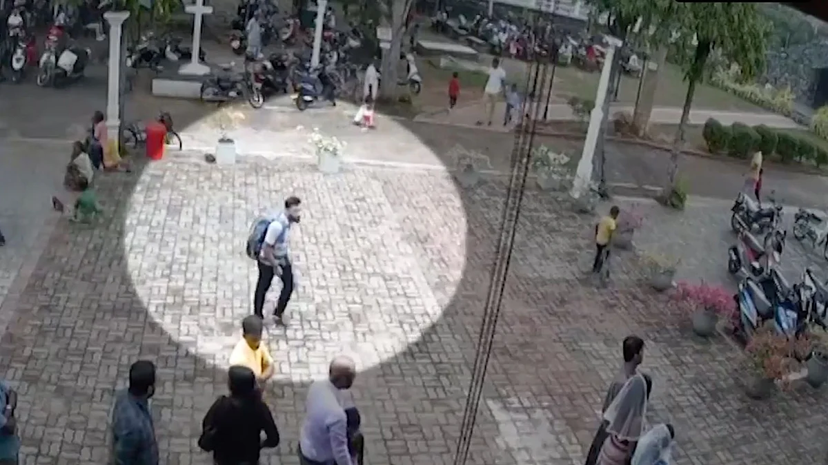 The footage shows the man carrying a backpack and entering St Sebastian’s Church in Sri Lanka’s Negombo.
