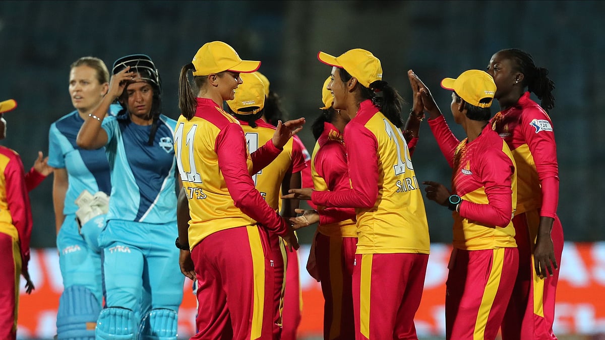 Traliblazers players celebrate the win during Match 1 of the Women’s T20 Challenge, 2019 between the Supernovas and the Trailblazers held at the Sawai Mansingh Stadium in Jaipur on the 6th May 2019