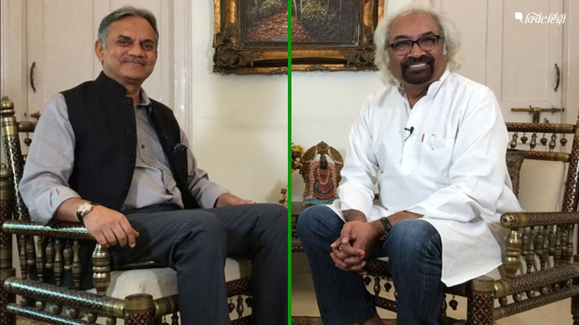 Chairperson of Indian Overseas Congress Sam Pitroda (R) with The Quint’s Editorial Director Sanjay Pugalia.