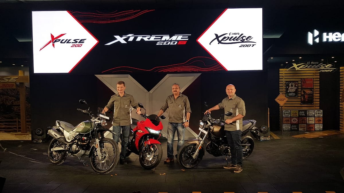 Hero Xpulse 200 (extreme left), Hero Xtreme 200S (centre) and Hero Xpulse 200T (extreme right)