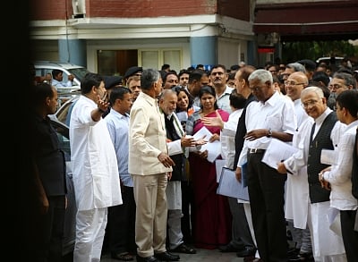 New Delhi: Leaders of opposition parties Ghulam Nabi Azad, Abhishek Manu Singhvi (Congress), N. Chandrababu Naidu (TDP), Arvind Kejriwal (AAP), D Raja (CPI), and Kanimozhi (DMK) comes out after meeting the Chief Election Commissioner (CEC) in New Delhi, on May 21, 2019. (Photo: IANS)