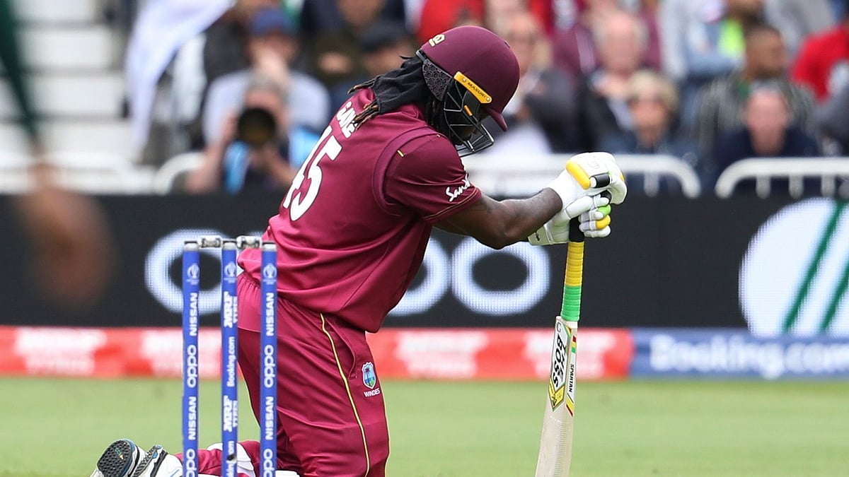 West Indies’ Chris Gayle kneels at the crease during  Cricket World Cup match against Pakistan at Trent Bridge  in Nottingham.&nbsp;