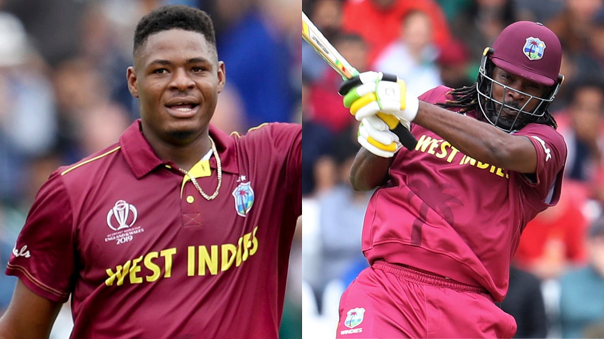 Oshone Thomas and Chris Gayle (right) in action against Pakistan on Friday.