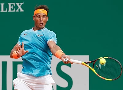 Roquebrune Cap Martin, April 21, 2019 (Xinhua) -- Rafael Nadal of Spain hits a return during the men