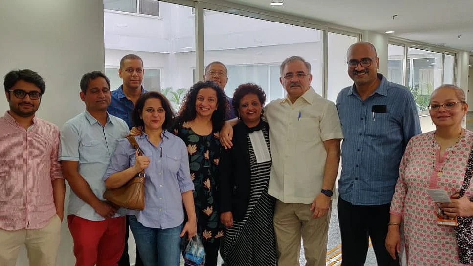 Journalist Priya Ramani with her counsel and supporters at Delhi court after the hearing of MJ Akbar’s defamation case.