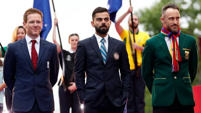 The captains of England, India and South Africa share the stage during the opening ceremony of the ICC World Cup 2019.&nbsp;