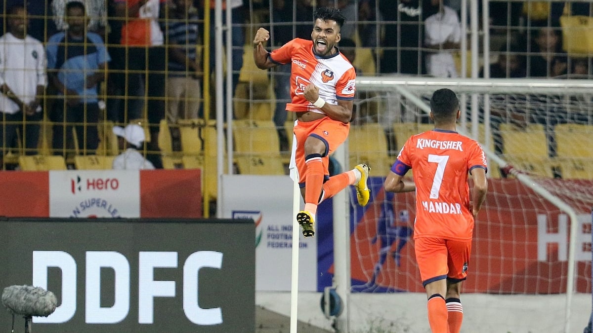 Brandon Fernandes of FC Goa celebrates after scoring a goal against Delhi Dynamos.