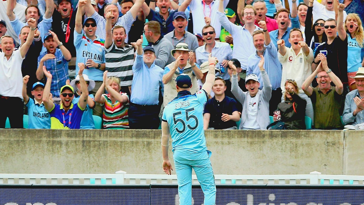 England’s Ben Stokes celebrates the catch of South Africa’s Andile Phehlukwayo during the ICC Cricket World Cup group stage match between England and South Africa at The Oval, London, Thursday, May 30, 2019.&nbsp;