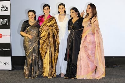 Mumbai: Actresses Taapsee Pannu, Sonakshi Sinha, Kirti Kulhari, Vidya Balan and Nithya Menon at the trailer launch of their upcoming film "Mission Mangal" in Mumbai, on July 18, 2019. (Photo: IANS)